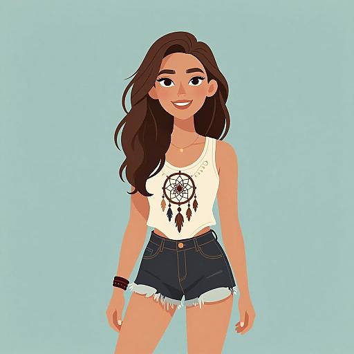 Digital illustration of a smiling young woman with long brown hair, wearing a white dreamcatcher tank top and frayed denim shorts, against a light blue