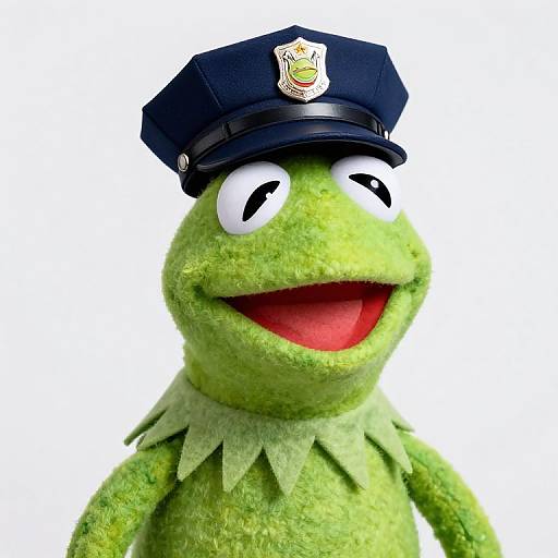 Photograph of Kermit the Frog dressed as a police officer, wearing a blue hat with a badge, smiling with wide eyes.