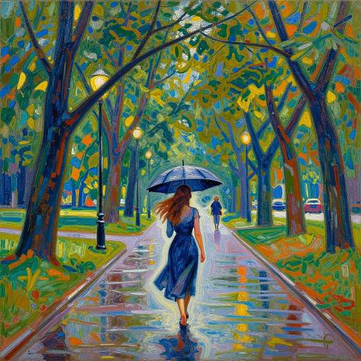 Vibrant digital painting of a woman with long brown hair in a blue dress, holding an umbrella, walking on a rainy, tree-lined path with