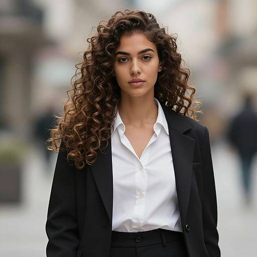 Photograph of a confident woman with long, curly brown hair, wearing a black blazer and white shirt, standing in a blurred urban street background.