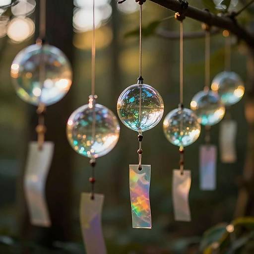 Photograph of hanging glass bubble lights with iridescent reflections, suspended by thin strings, against a blurred forest background.