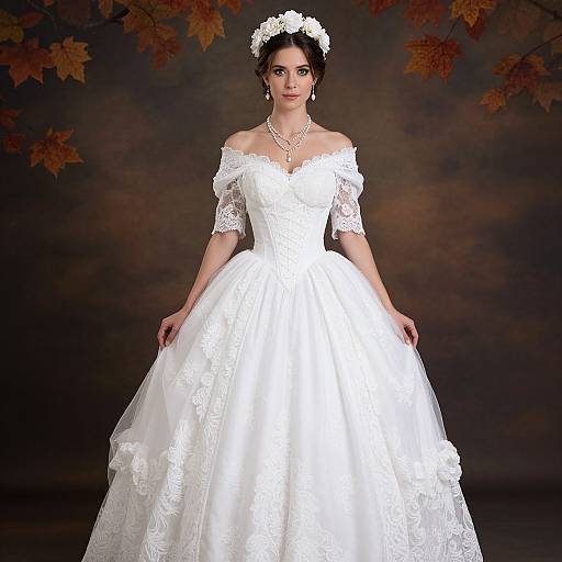 Photograph of a beautiful bride in an off-the-shoulder, white lace wedding gown with a full skirt, pearl necklace, white flower headpiece