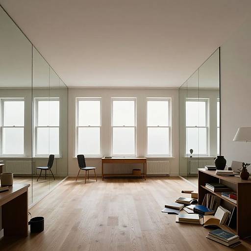 Photograph of a minimalist, sunlit room with three large windows, light wooden floor, glass walls, a desk, chair, books, and a
