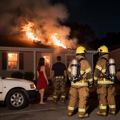 Nighttime House Fire with Firefighters Nearby