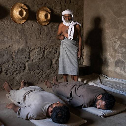 Rustic Room with Older Man and Figures
