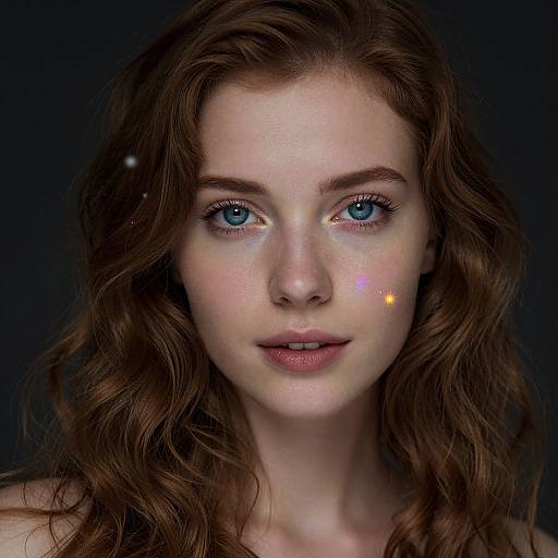 Photograph of a fair-skinned, blue-eyed woman with wavy brown hair, subtle freckles, and glowing face paint dots on her cheek