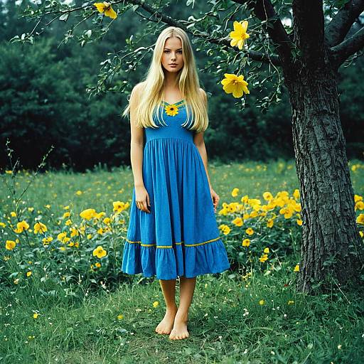 Blonde Woman in Blue Dress with Yellow Flowers Outdoors
