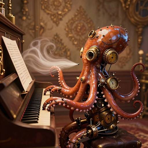 Steampunk octopus playing piano in ornate, dimly-lit room. Octopus has brass gears, smoke from mouth, tentacles on