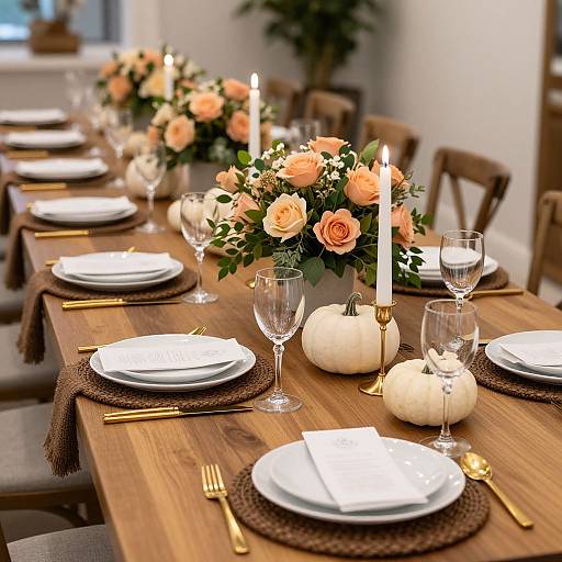 Photograph of a rustic dining table with white plates, gold utensils, brown placemats, peach roses, white pumpkins, and lit candles