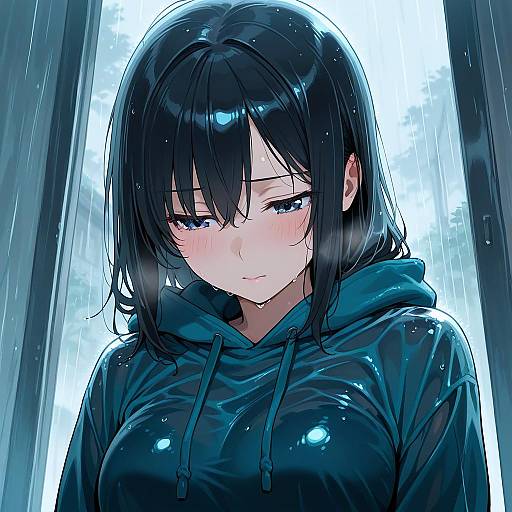 Emotional Girl in Hoodie on Rainy Day