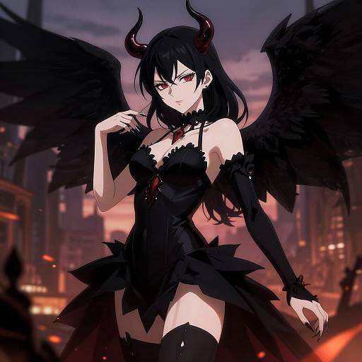 Digital anime illustration of a black-haired demon girl with red eyes, black horns, wings, and dress, standing in a dark, cityscape sunset.