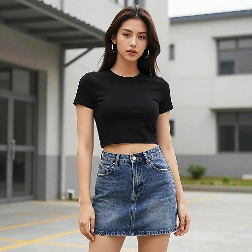 Photograph of an Asian woman with long black hair, wearing a black crop top and blue denim skirt, standing in front of a modern building. She
