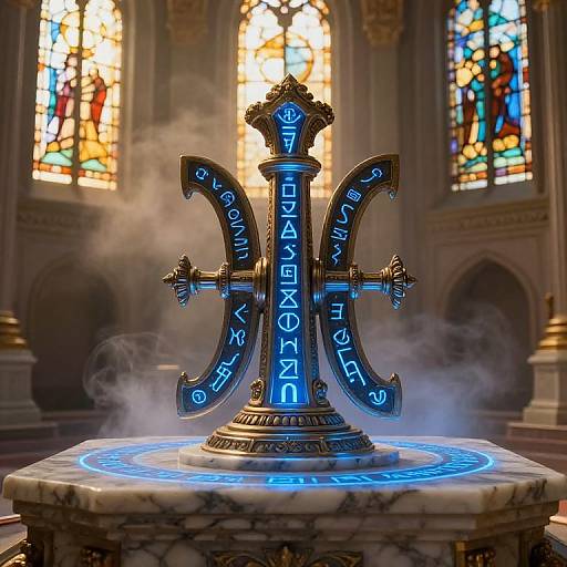 Photorealistic CGI of a glowing, blue runes-adorned, metal cross emitting mist, set on a marble pedestal in a stained glass-lit