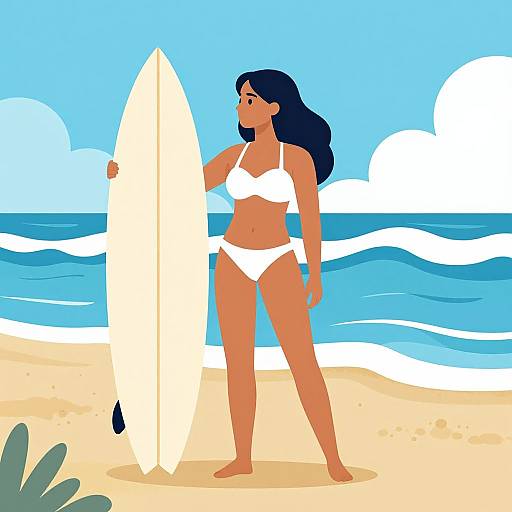 Digital illustration of a tan-skinned woman with long black hair in a white bikini, holding a surfboard on a sandy beach with blue waves and white