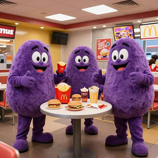 Photograph of three purple, fuzzy, cartoonish creatures with wide eyes and thumbs up, standing at a McDonald's table with fries, burgers, and