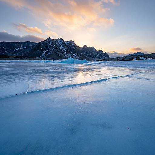 Photograph of a serene, icy landscape at sunset, with blue-tinged ice in the foreground, rugged mountains in the background, and a vibrant