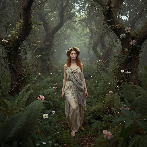 Photograph-style digital art of a red-haired, fair-skinned woman with a floral crown, wearing a flowing, beige, Greco-Roman dress