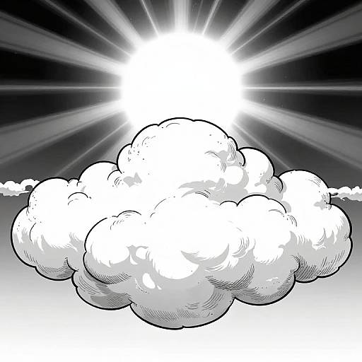 Black-and-white digital drawing of a large, glowing, sunlit cumulus cloud with radiating light beams in a dark sky.