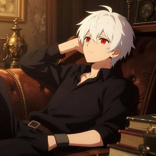 Anime-style digital drawing of a white-haired, red-eyed boy in a black shirt, reclining on a brown leather couch in a dimly lit,