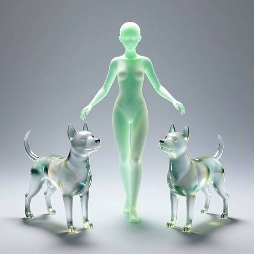 Digital rendering of a glowing, translucent human silhouette standing between two reflective, metallic dog sculptures against a gradient gray background.