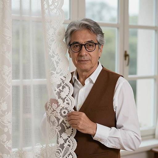 Middle-Aged Man Behind Lace Curtain