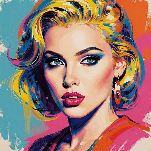 Bright, pop-art style digital portrait of a blonde woman with blue eyes, bold red lipstick, and red earrings, set against a colorful, abstract background