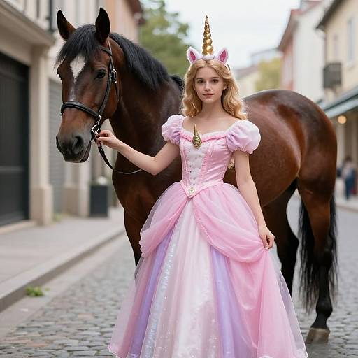Photorealistic image of a blonde girl in a pink princess dress and unicorn horn, standing beside a brown horse on a cobblestone street.