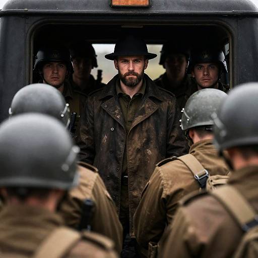 Bearded Man and Armed Soldiers in Military Vehicle