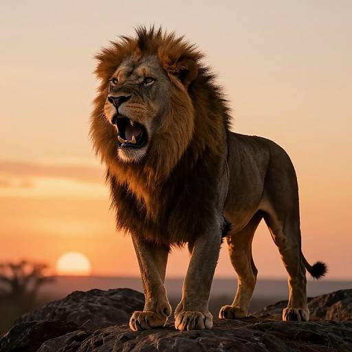 Photograph of a majestic male lion with a full mane, roaring at sunset on a rocky savanna, with a vibrant orange and pink sky in the