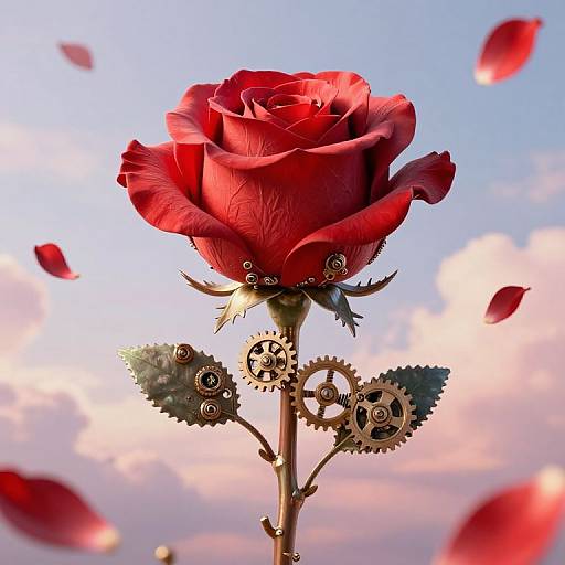 Photograph of a vivid red rose with steampunk gears and cogs, against a bright blue sky with floating petals.