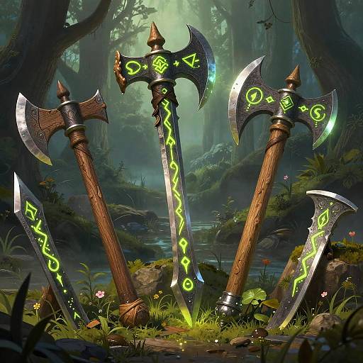 Fantasy forest scene with three glowing, rune-embellished axes standing upright amidst moss, flowers, and a misty background. Digital artwork.