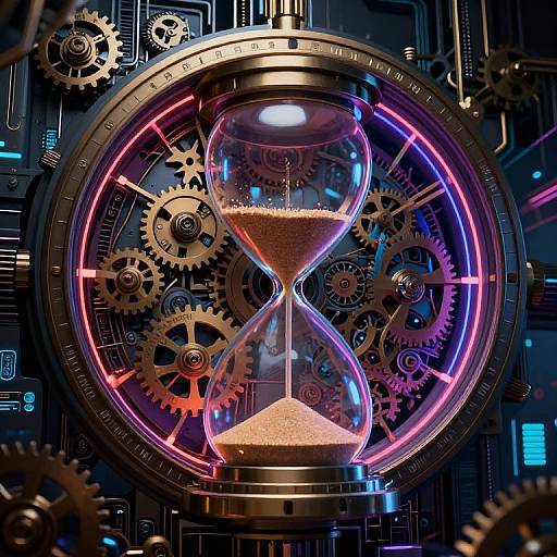 Digital artwork of a glowing, neon-lit hourglass surrounded by intricate, interlocking gears, set against a dark, circuit-board background.