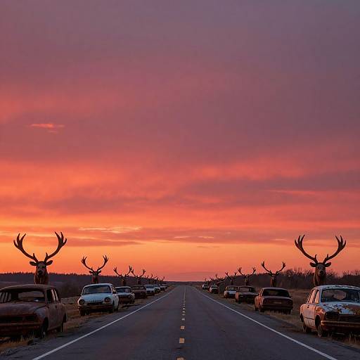 Photograph of a road at sunset, lined with parked cars and large antlered deer statues, under a vibrant pink and orange sky.