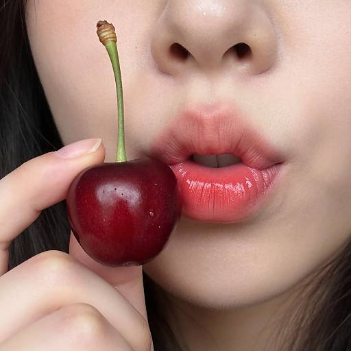 Close-up photograph of an Asian woman with fair skin, glossy red lips, and black hair, gently biting a shiny red cherry held by her manicured