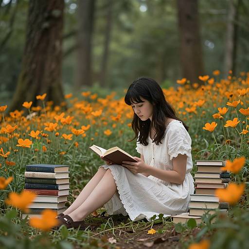 Young woman in white dress, reading book amidst vibrant orange flowers, surrounded by stacked books in a forest. Photographic image.