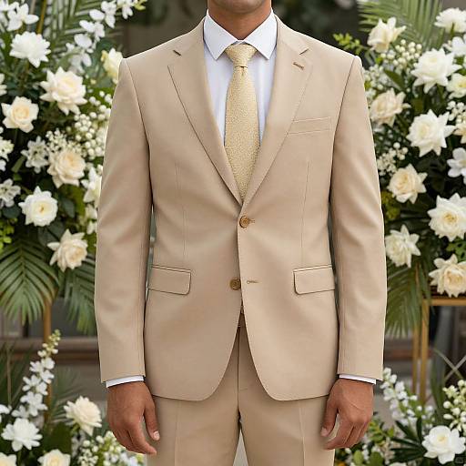 Photograph of a man in a beige suit, white shirt, and gold tie, standing in front of a floral backdrop.