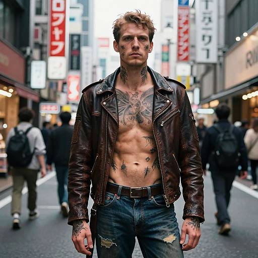 Photograph of a tattooed, shirtless man with short, curly hair in a leather jacket and distressed jeans, standing in a busy, neon-l
