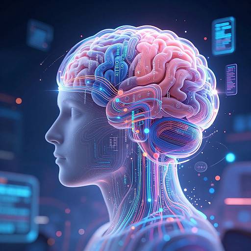 Digital CGI of a glowing, neon-lit human head with exposed brain, circuitry, and wires, set against a futuristic, dark blue background.