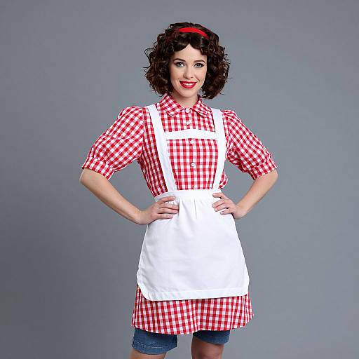 Photograph of a smiling woman with curly black hair, red headband, red checkered shirt, white apron, denim shorts, against gray background