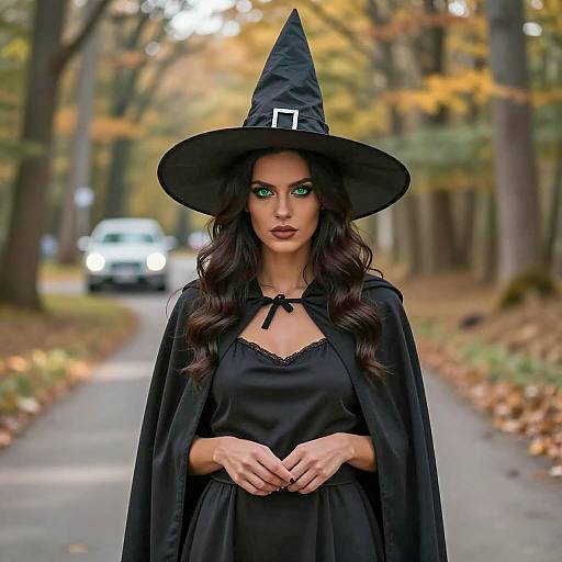 Young Woman in Black Witch Costume Outdoors