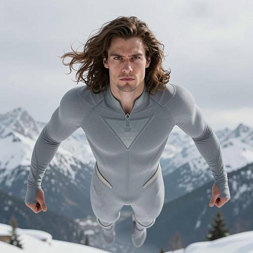 Male Superhero Floating Over Snowy Mountains