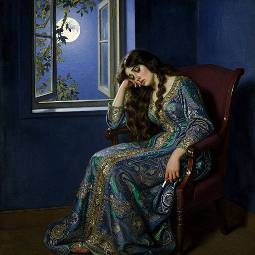 Photograph-style digital art of a melancholic woman with long, wavy brown hair, wearing a colorful, patterned blue dress, sitting in a