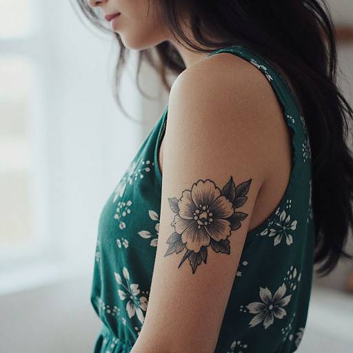 Photograph of a woman in a green floral dress, showing a detailed black ink flower tattoo on her upper left arm.
