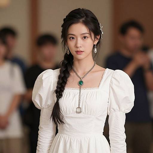 Photograph of an East Asian woman with long black hair in a braid, wearing a white, puffed-sleeve dress, green pendant necklace