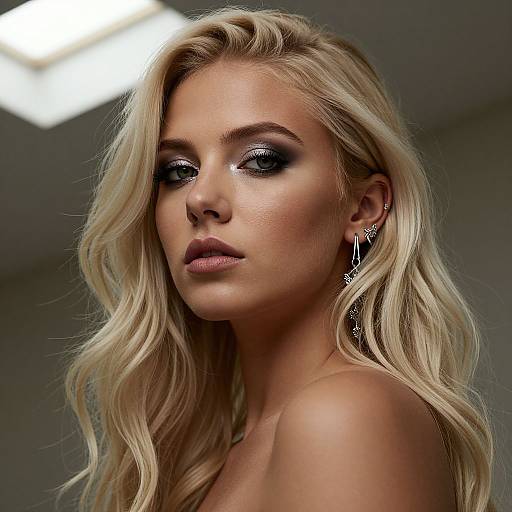 Photograph of a blonde woman with wavy hair, heavy black eye makeup, and silver cross earrings, gazing seriously forward. Background is blurred with