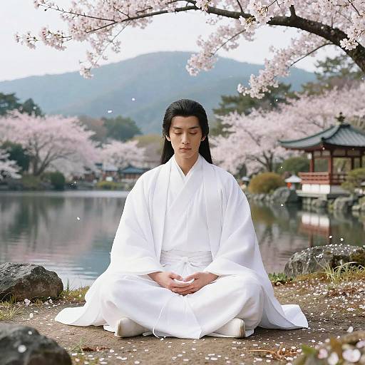 Photograph of a serene Japanese man with long black hair, wearing a white kimono, sitting cross-legged by a cherry blossom-filled pond, with traditional