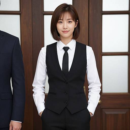 Photograph of a smiling Asian woman with shoulder-length brown hair, wearing a black vest over a white shirt and black tie, standing in front of wooden