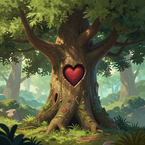 Digital illustration of a large, ancient tree with a heart-shaped, red, textured door in the trunk, surrounded by lush, sunlit forest.