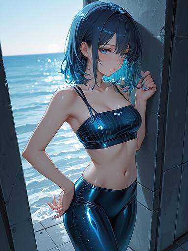 Girl in Deep Ocean Blue Bandeau Bikini by the Sea