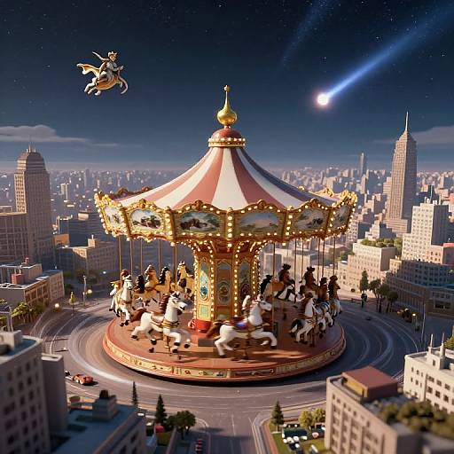 CGI image of a glowing, ornate carousel with dancing horses in a nighttime cityscape, a flying figure above, and a shooting star in the